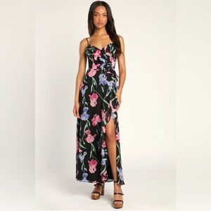 Lulus XSmall Black Floral Print Ruffled Sleeveless Maxi Dress